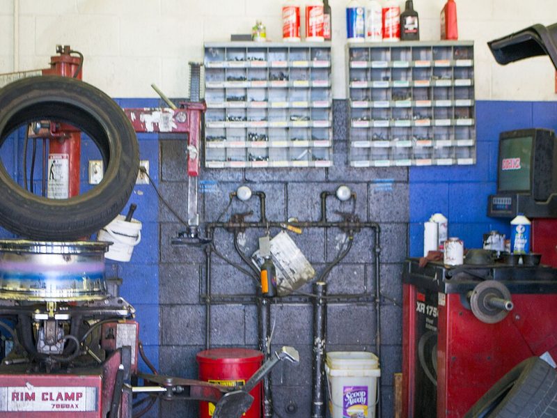 Tire shop with a tire changer and wheel balancer